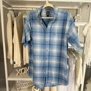 Noble Men's XLT blue & gray plaid button short sleeve shirt, summer spring #3958